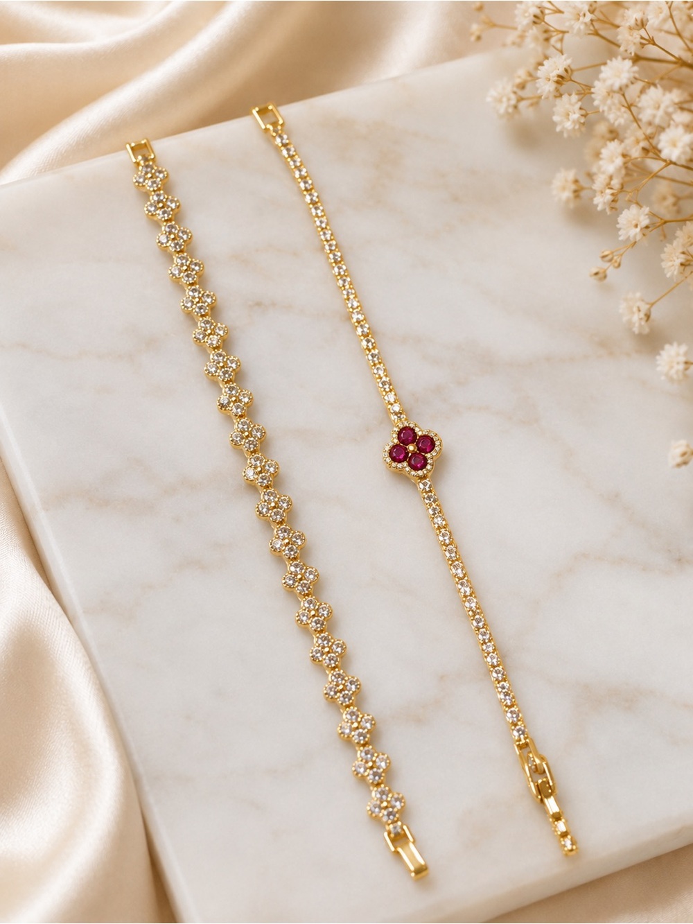 Gold Tone Bracelet Set Ruby Red Clover & Tennis Bracelets July Birthstone